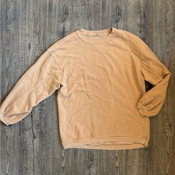 Aerie Pleated Sleeve Crew Sweatshirt- Caramel - Picture 2 of 4
